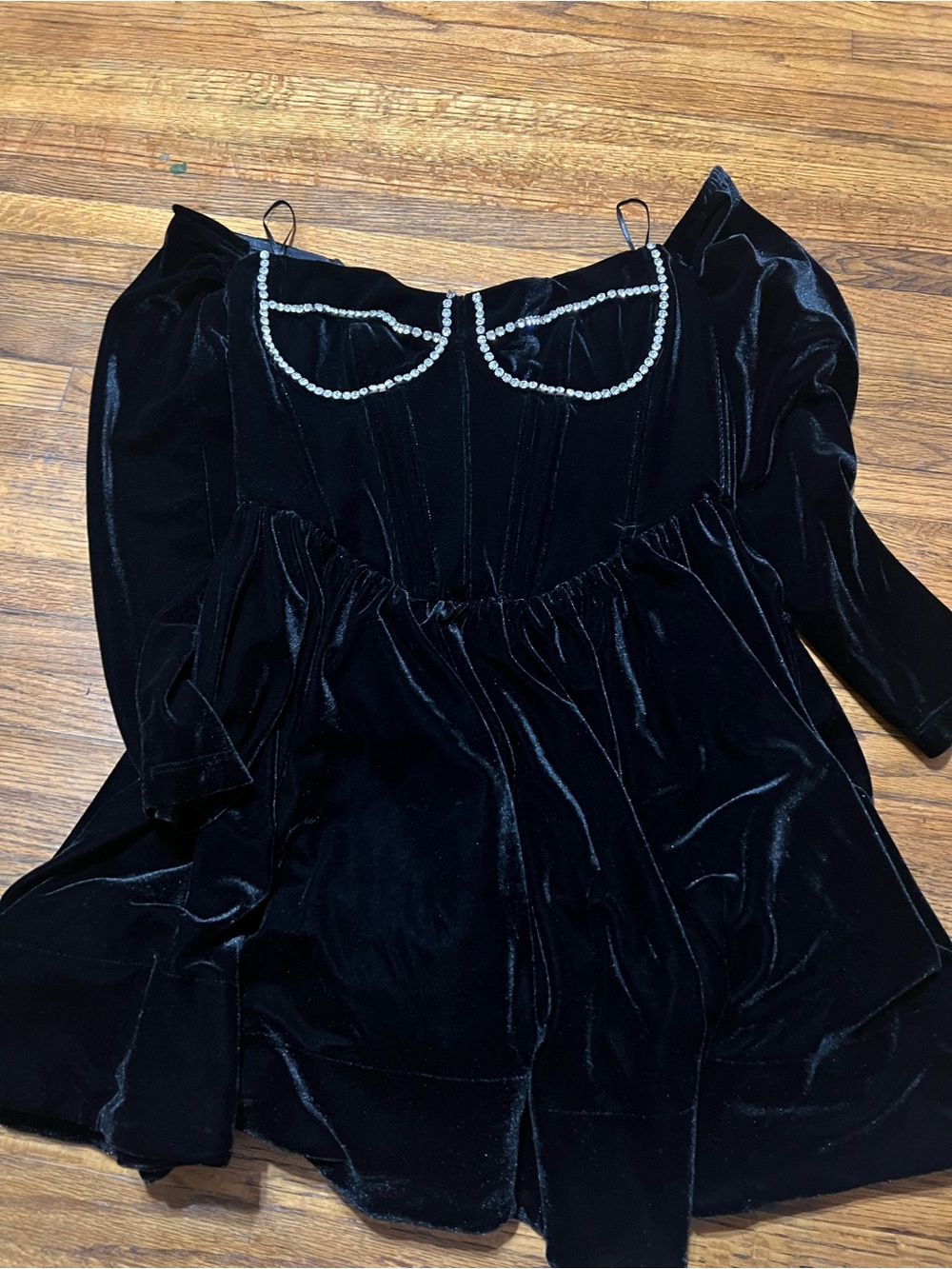 Off the shoulder Bardot Black Velvet Mini Dress with diamond Bustline